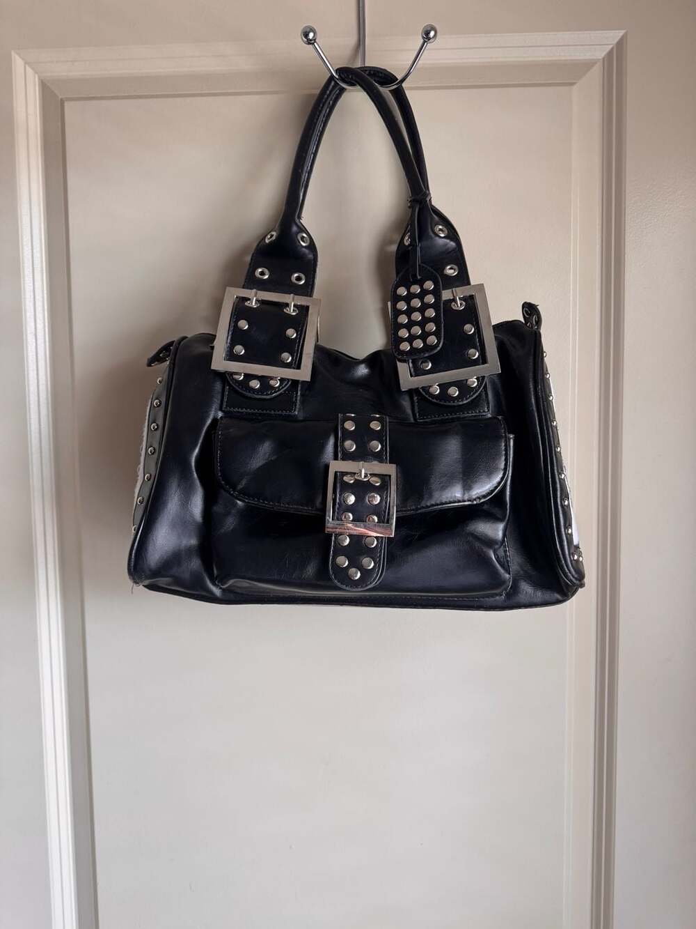 Y2K Punk Rivet Top Handle Shoulder Bag with Belt Buckles